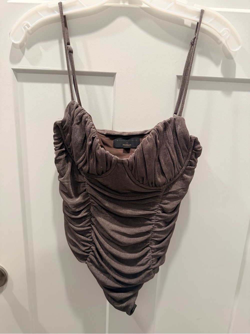 Michael Costello x REVOLVE Kameron Ruched Knit Bodysuit M Rosy Nude